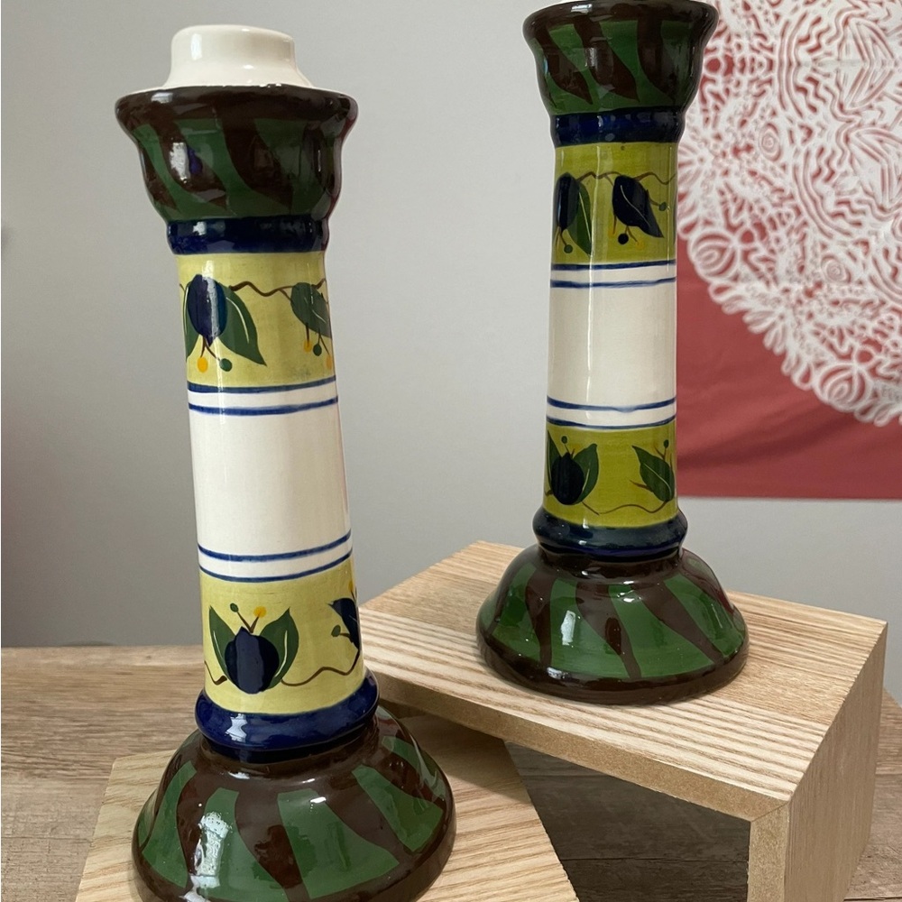 Mikasa green Tuscan style pair of Hand Painted Ceramic Candle Holder by Arabella